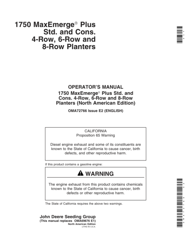 John Deere 1750 Drawn Planters (700101-715999) (4R – 6N – 6W – 8N) Operator’s Manual (OMA72766) Workshop Guide