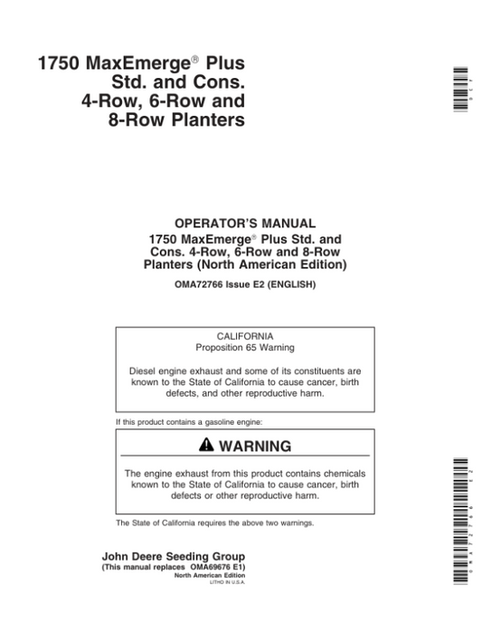 John Deere 1750 Drawn Planters (700101-715999) (4R – 6N – 6W – 8N) Operator’s Manual (OMA72766) Workshop Guide