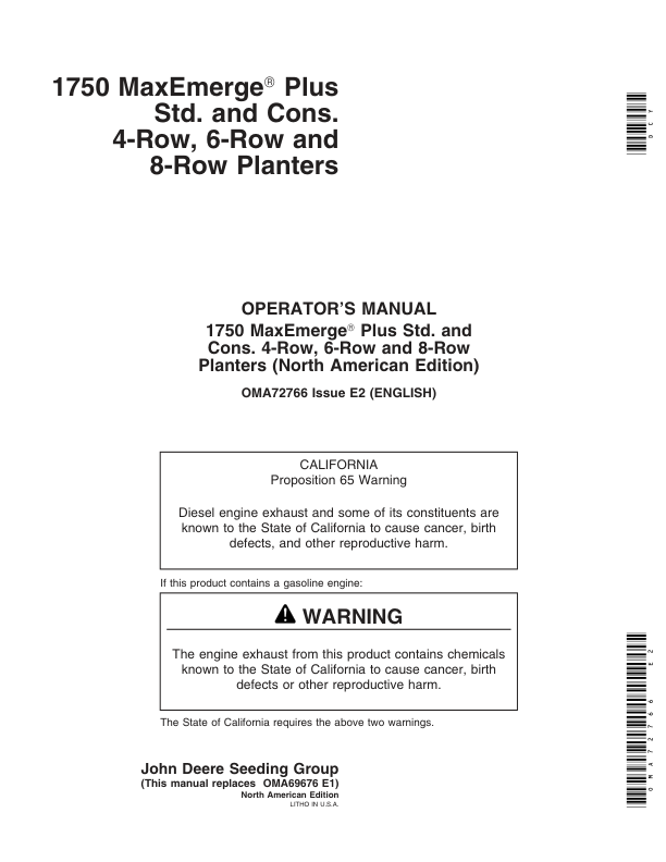 John Deere 1750 Drawn Planters (700101-715999) (4R – 6N – 6W – 8N) Operator’s Manual (OMA72766) Workshop Guide