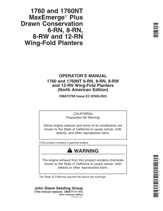 John Deere 1760 & 1760NT Drawn Planter (700101-700999) Operator’s Manual (OMA72769) Workshop Guide