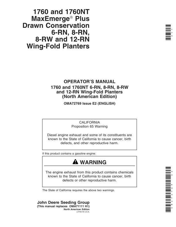 John Deere 1760 & 1760NT Drawn Planter (700101-700999) Operator’s Manual (OMA72769) Workshop Guide