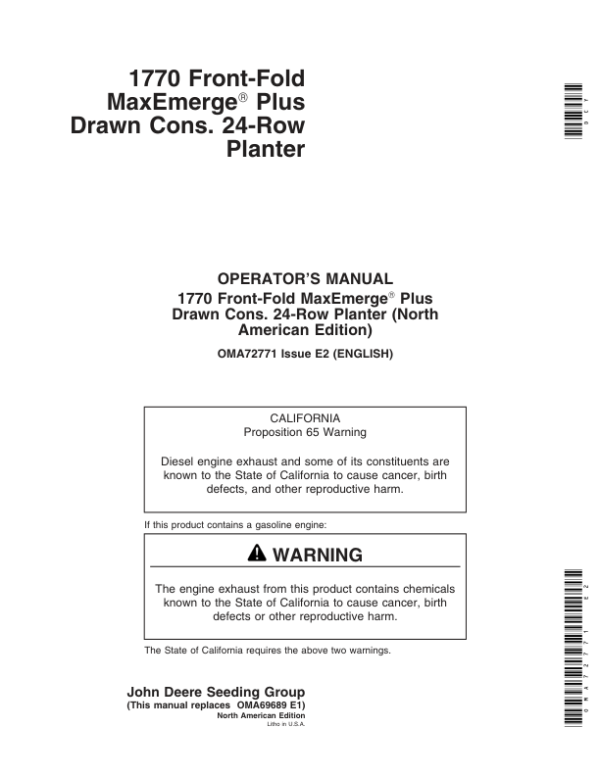 John Deere 1770 Drawn Planters (Includes OM Supplement A76258) Operator’s Manual (OMA72771) Workshop Guide