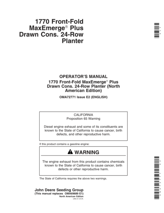 John Deere 1770 Drawn Planters (Includes OM Supplement A76258) Operator’s Manual (OMA72771) Workshop Guide
