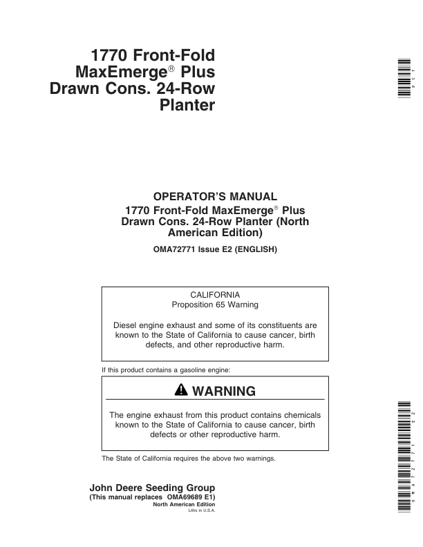 John Deere 1770 Drawn Planters (Includes OM Supplement A76258) Operator’s Manual (OMA72771) Workshop Guide