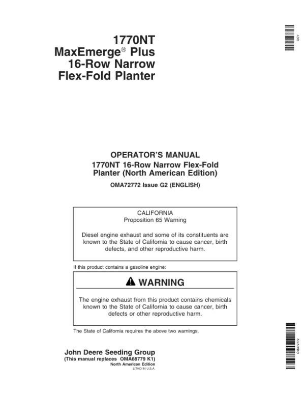 John Deere 1770NT Drawn Planter (700101-) Operator’s Manual (OMA72772) Workshop Guide