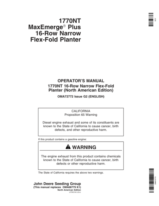 John Deere 1770NT Drawn Planter (700101-) Operator’s Manual (OMA72772) Workshop Guide