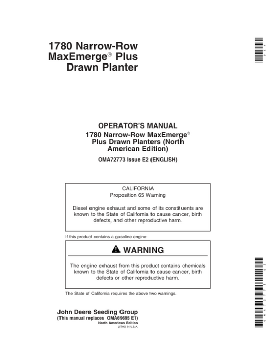 John Deere 1780 Drawn Planter (700101-700999) Operator’s Manual (OMA72773) Workshop Guide