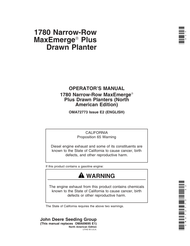 John Deere 1780 Drawn Planter (700101-700999) Operator’s Manual (OMA72773) Workshop Guide