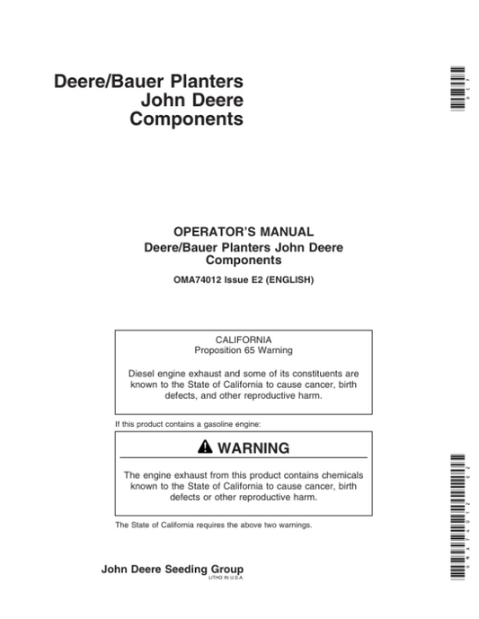 John Deere Components for Deere/Bauer Planters (700101-) N.A. Operator’s Manual (OMA74012) Workshop Guide