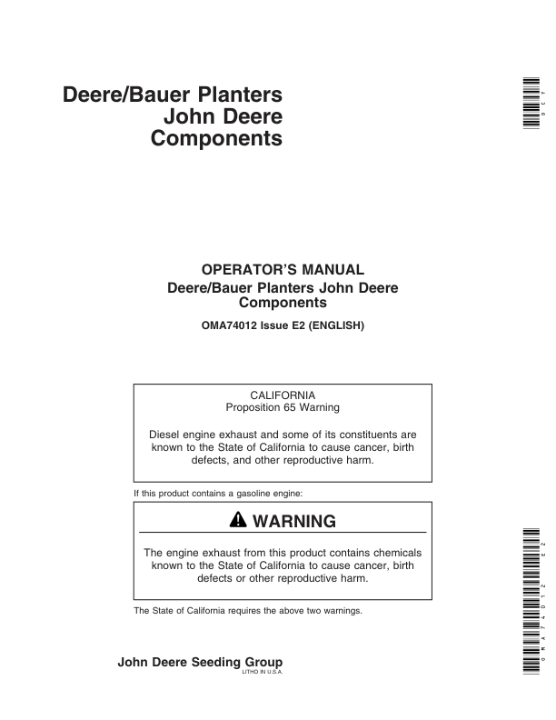 John Deere Components for Deere/Bauer Planters (700101-) N.A. Operator’s Manual (OMA74012) Workshop Guide