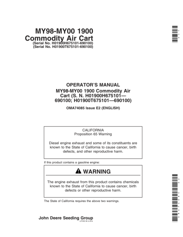 John Deere 1900 Commodity Air Cart North America Operator’s Manual (OMA74085) Workshop Guide