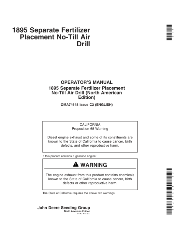 John Deere 1895 SFP No-Till Air Drill North America (7100101-705100) Operator’s Manual (OMA74648) Workshop Guide