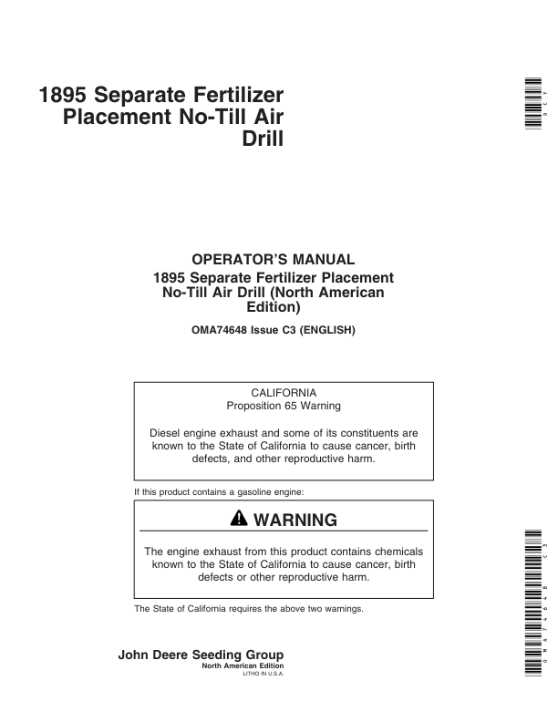 John Deere 1895 SFP No-Till Air Drill North America (7100101-705100) Operator’s Manual (OMA74648) Workshop Guide