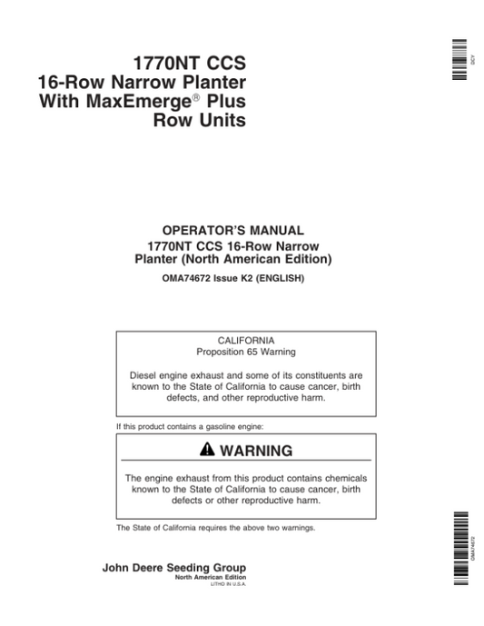John Deere 1770NT CCS 16-Row Narrow Planter w/MaxEmerge Plus Row Units Operator’s Manual (OMA74672) Workshop Guide