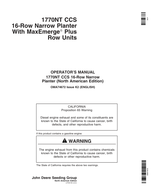 John Deere 1770NT CCS 16-Row Narrow Planter w/MaxEmerge Plus Row Units Operator’s Manual (OMA74672) Workshop Guide