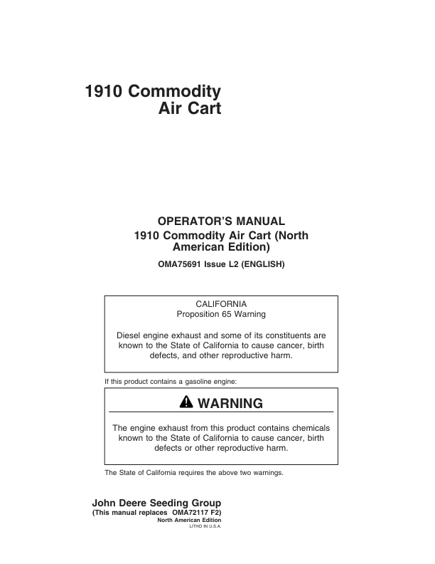 John Deere 1910 Commodity Air Cart (Ground Driven) North America (700101-705100) Operator’s Manual (OMA75691) Workshop Guide
