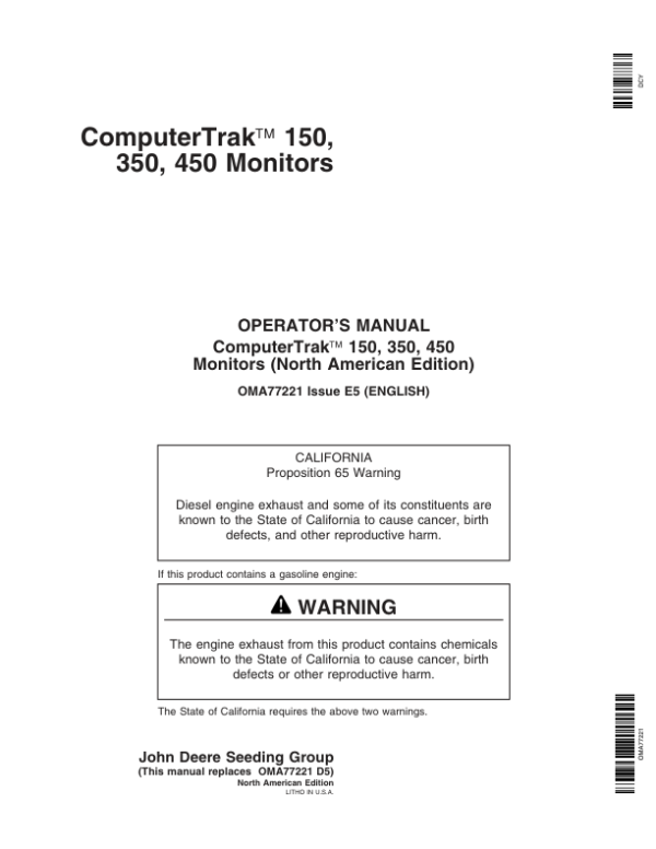 John Deere ComputerTrak Monitors Worldwide Edition (720101-735100) Operator’s Manual (OMA77221) Workshop Guide