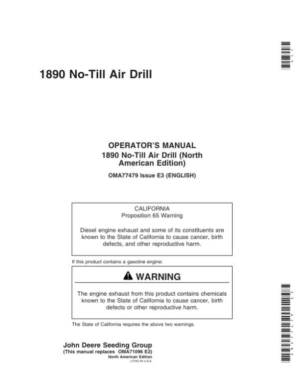 John Deere 1890 No-Till Air Drill North America (700101-705100) Operator’s Manual (OMA77479) Workshop Guide