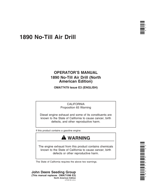 John Deere 1890 No-Till Air Drill North America (700101-705100) Operator’s Manual (OMA77479) Workshop Guide