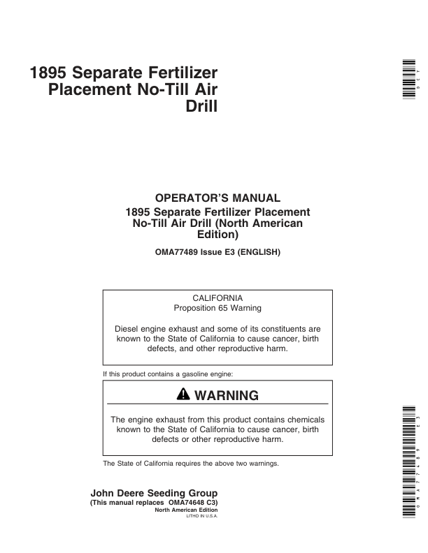 John Deere 1895 SFP No-Till Air Drill North America (7050101-710100) Operator’s Manual (OMA77489) Workshop Guide