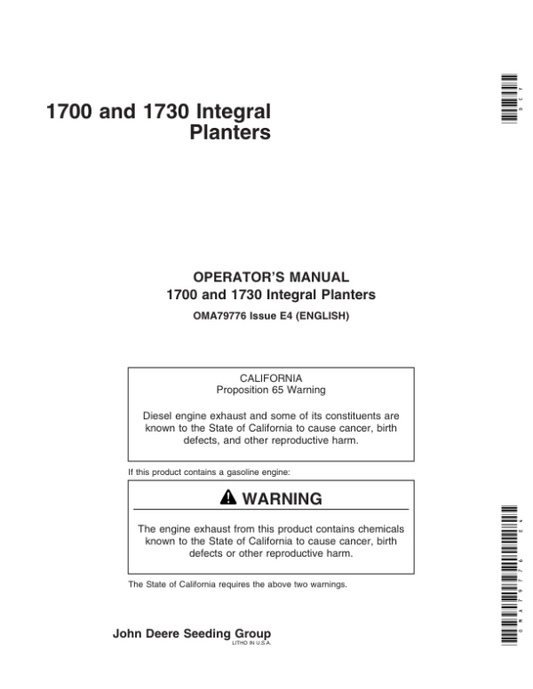 John Deere 1700, 1730 Integral Planters (710101-710999) Operator’s Manual (OMA79776) Workshop Guide