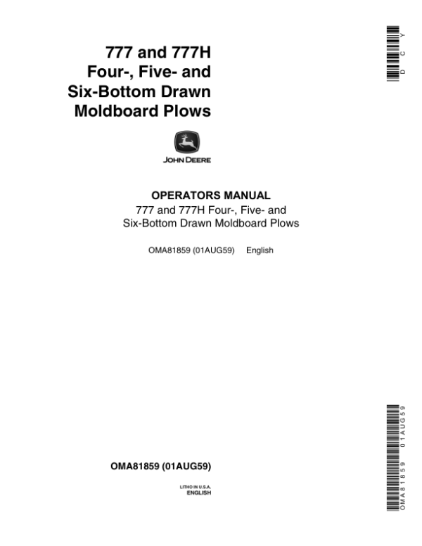 John Deere 777, 777H Moldboard Plows Operator’s Manual (OMA81859) Workshop Guide
