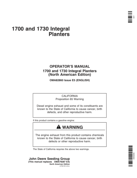 John Deere 1700 & 1730 Integral Planters North America & Australia Edition Standard Units (705101-715999) Operator’s Manual (OMA82860) Workshop Guide