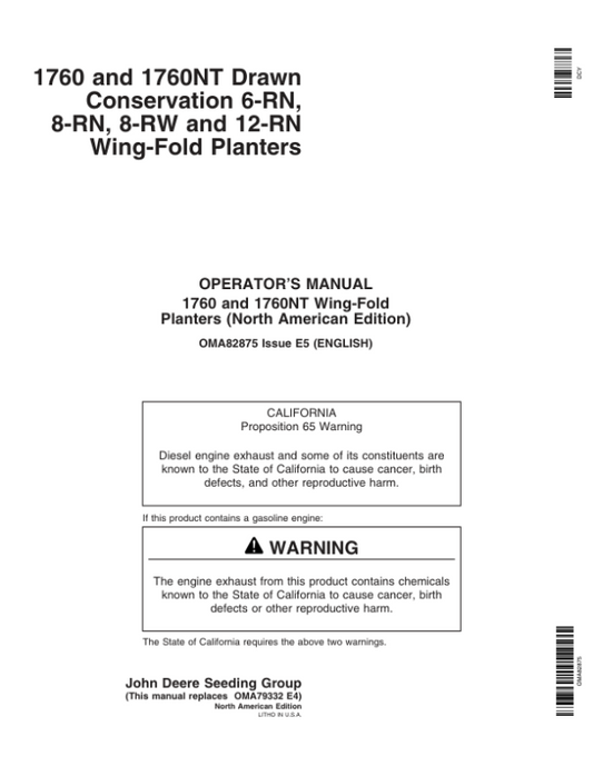 John Deere 1760 & 1760NT Drawn Planter (705101-715999) Operator’s Manual (OMA82875) Workshop Guide