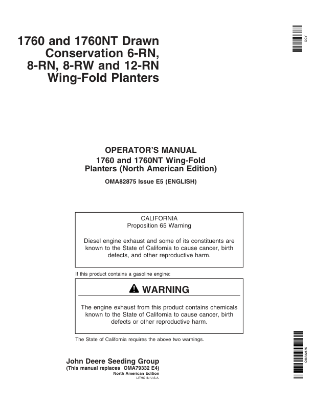 John Deere 1760 & 1760NT Drawn Planter (705101-715999) Operator’s Manual (OMA82875) Workshop Guide