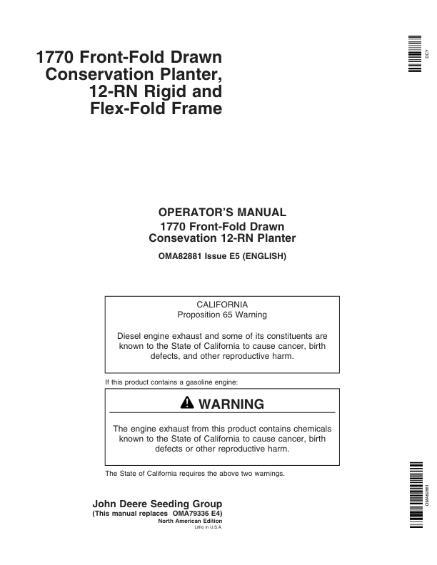 John Deere 1770 Drawn Planters (705101-715999) Operator’s Manual (OMA82881) Workshop Guide