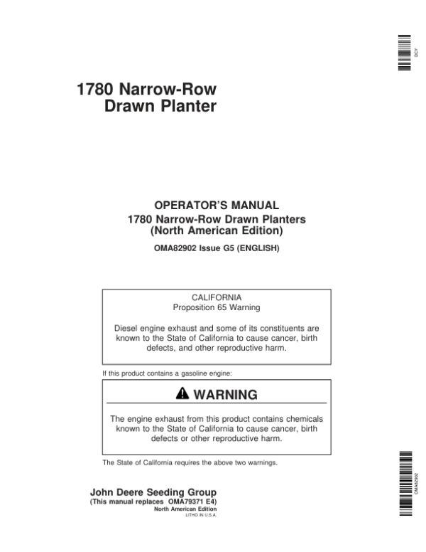 John Deere 1780 Drawn Planter (705101-715999) Operator’s Manual (OMA82902) Workshop Guide
