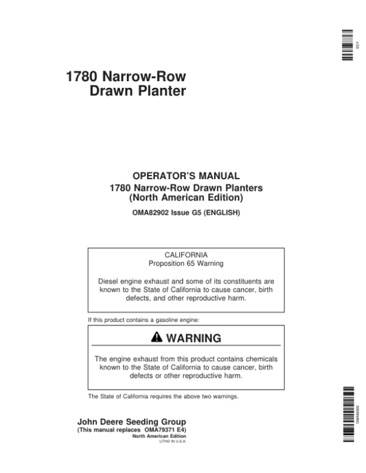 John Deere 1780 Drawn Planter (705101-715999) Operator’s Manual (OMA82902) Workshop Guide