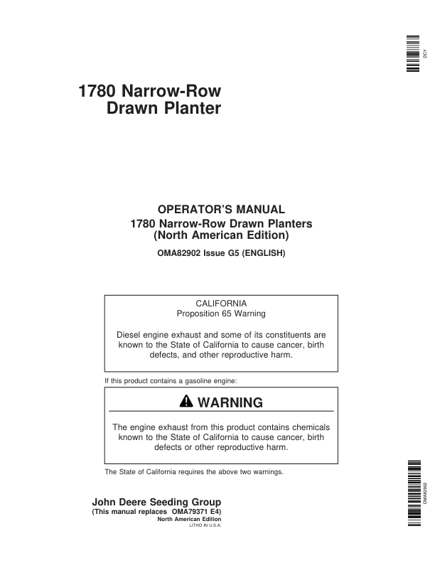 John Deere 1780 Drawn Planter (705101-715999) Operator’s Manual (OMA82902) Workshop Guide