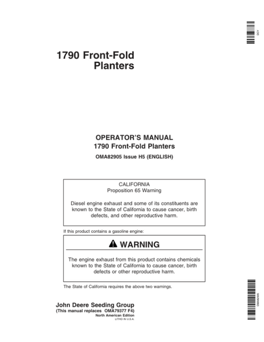 John Deere 1790 Drawn Planters with Rate Chart (705101-715999) Operator’s Manual (OMA82905) Workshop Guide
