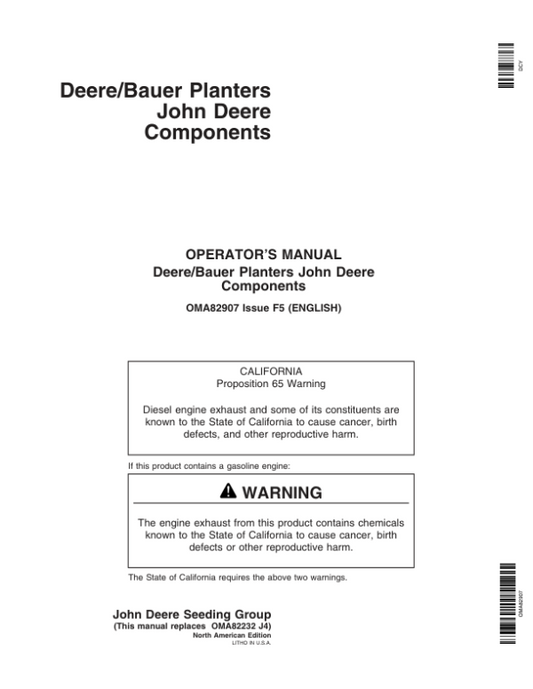 John Deere Components for DB44, DB58, DB60, DB66, DB80, & DB90 Deere/Bauer Planters Worldwide Edition (715101-720100) Operator’s Manual (OMA82907) Workshop Guide