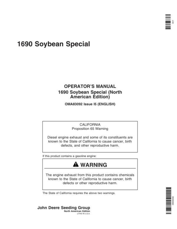 John Deere 1690 Soybean Special Operator’s Manual (OMA83092) Workshop Guide