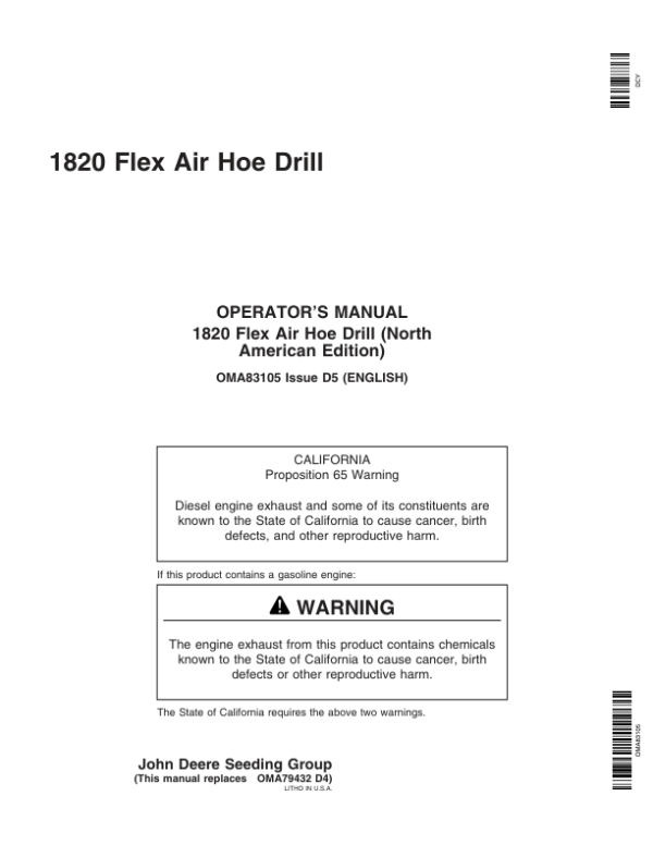 John Deere 1820 Flex Air Hoe Drill Operator’s Manual (OMA83105) Workshop Guide