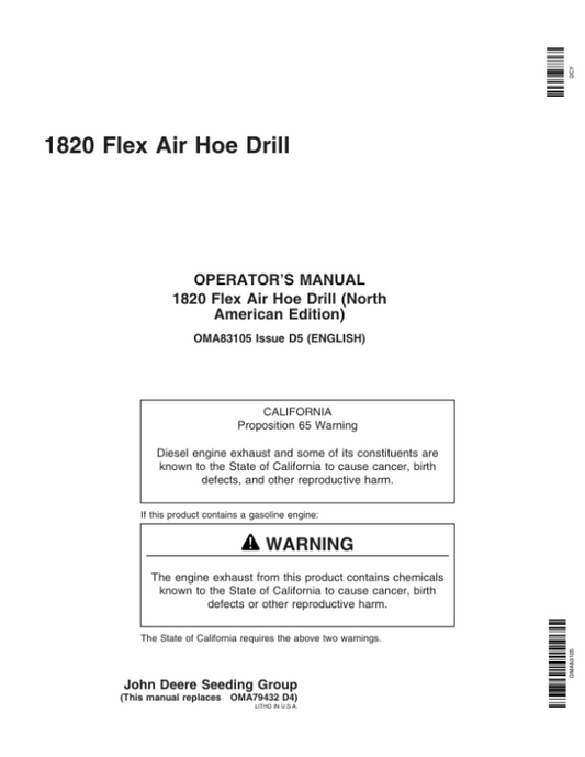 John Deere 1820 Flex Air Hoe Drill Operator’s Manual (OMA83105) Workshop Guide