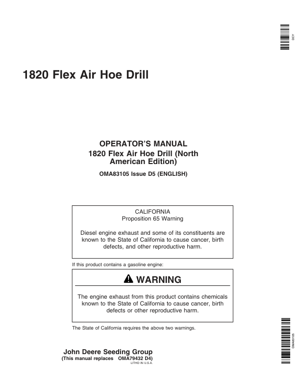 John Deere 1820 Flex Air Hoe Drill Operator’s Manual (OMA83105) Workshop Guide