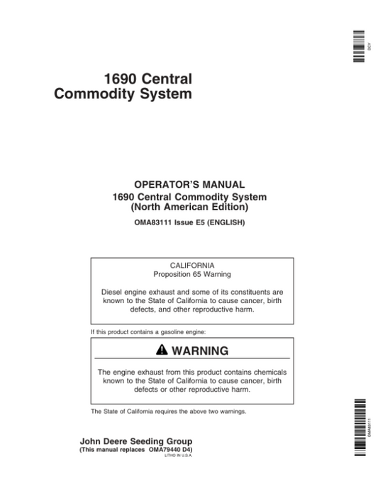 John Deere 1690 Central Commodity System Operator’s Manual (OMA83111) Workshop Guide