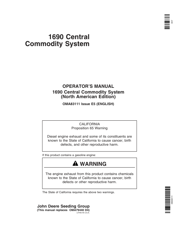 John Deere 1690 Central Commodity System Operator’s Manual (OMA83111) Workshop Guide
