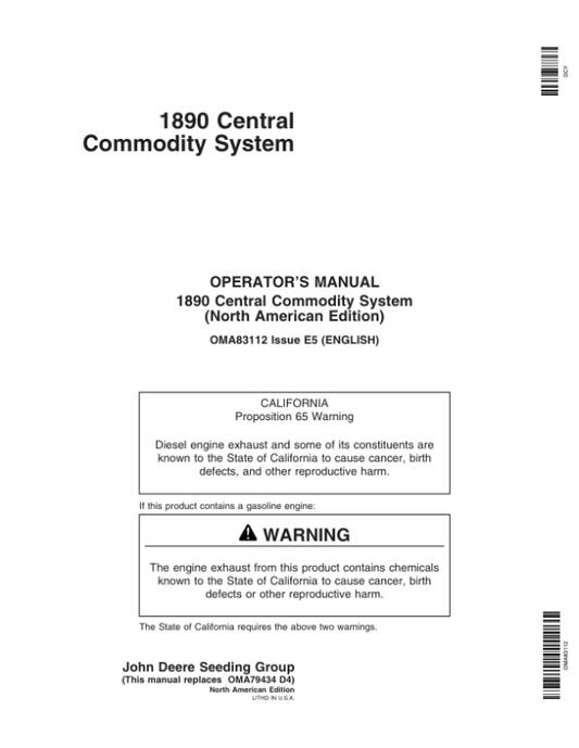 John Deere 1890 Central Commodity System Operator’s Manual (OMA83112) Workshop Guide