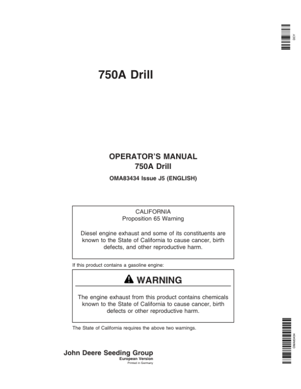 John Deere 750A Grain Drill European Edition (715101-730100) Operator’s Manual (OMA83434) Workshop Guide