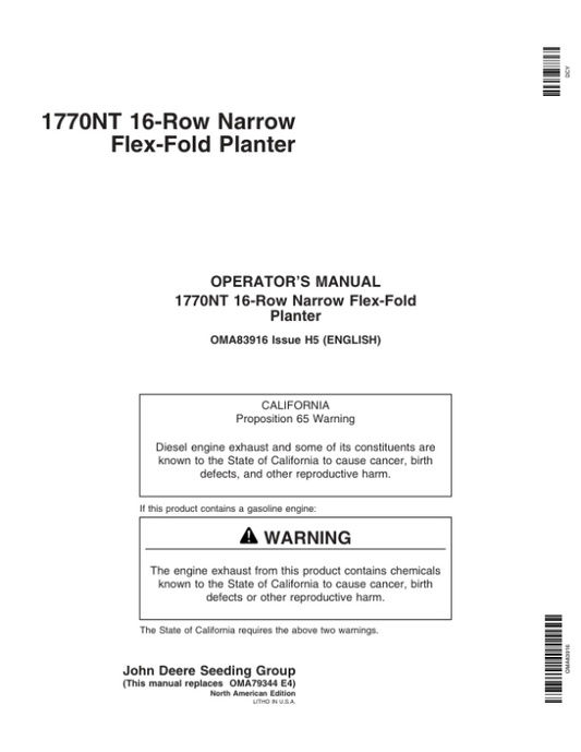 John Deere 1770NT 16-Row MaxEmerge Planter Operator’s Manual (OMA83916) Workshop Guide
