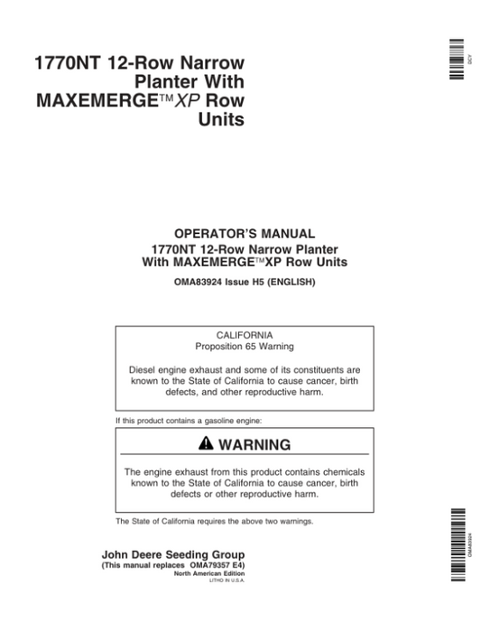 John Deere 1770NT 12-Row MaxEmerge Planter Operator’s Manual (OMA83924) Workshop Guide