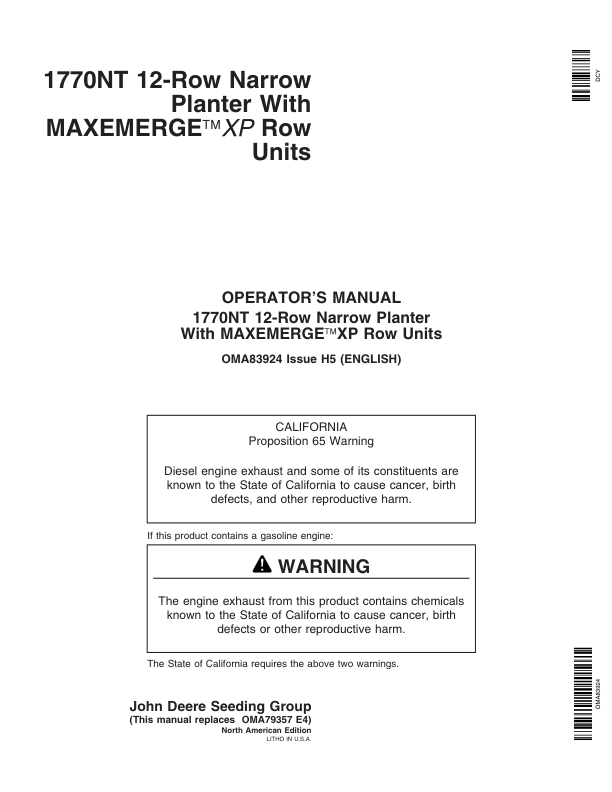 John Deere 1770NT 12-Row MaxEmerge Planter Operator’s Manual (OMA83924) Workshop Guide