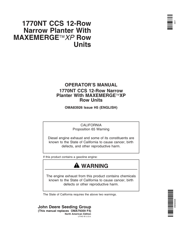John Deere 1770NT 12-Row CCS MaxEmerge Planter w/XP Row Units Operator’s Manual (OMA83926) Workshop Guide