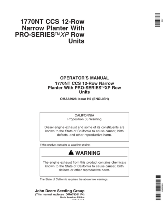 John Deere 1770NT 12-Row CCS Pro-Series Planter with XP Row Units Operator’s Manual (OMA83928) Workshop Guide