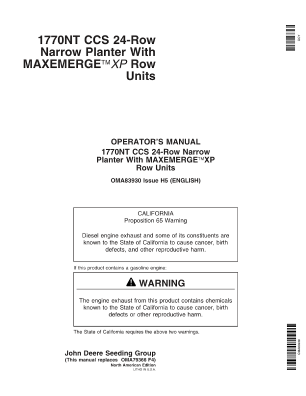 John Deere 1770NT 24-Row CCS MaxEmerge Planter w/XP Row Units Operator’s Manual (OMA83930) Workshop Guide