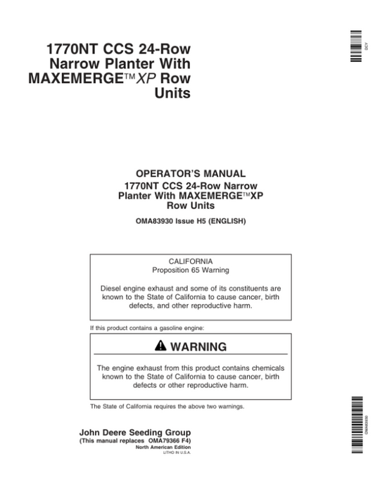 John Deere 1770NT 24-Row CCS MaxEmerge Planter w/XP Row Units Operator’s Manual (OMA83930) Workshop Guide